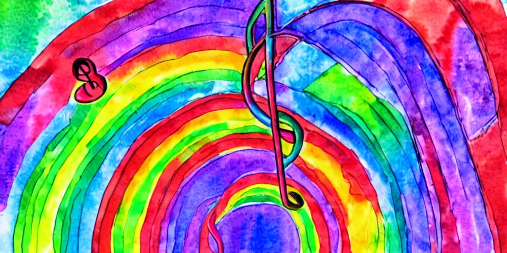 Image similar to musical notes in a prism rainbow, a curvy staff of musical notation flowing out of a prism rainbow. comic book watercolor, in the style of Pink Floyd Dark Side of the Moon