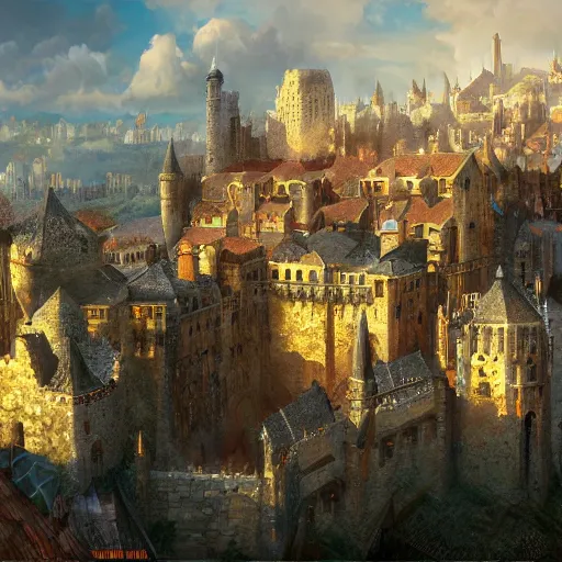 Image similar to old medieval city, eagles view, fantasy setting, digital art, hd, artstation