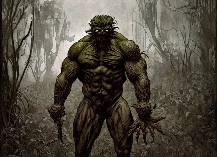 Image similar to renaissance grotesque full body portrait painting of angry bodybuilder swamp thing walking to the camera, camera puller back far, in a wasteland, landfill, elegant artwork by lee bermejo and greg rutkowski and alphonse mucha