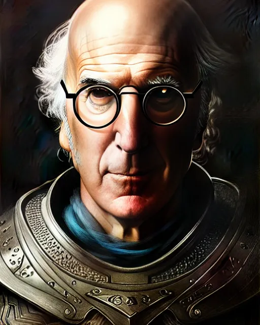 Prompt: larry david in armor, character portrait, portrait, close up, concept art, intricate details, highly detailed by greg rutkowski, michael whelan and gustave dore