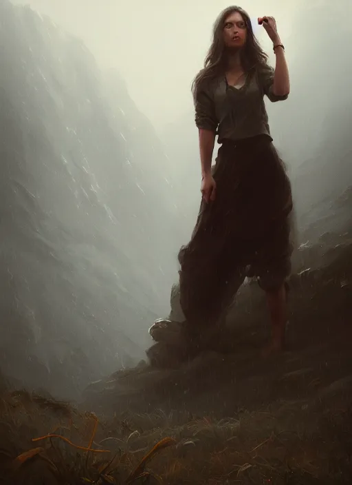 Image similar to epic portrait cinematic shot an female standing infront of an giant in the hills, cloudy, foggy, storm, lighting strikes, fine details. night setting. realistic shaded lighting poster by craig mullism, artgerm, jeremy lipkin and michael garmash, unreal engine, radiant light, detailed and intricate environment, digital art, trending on art station,