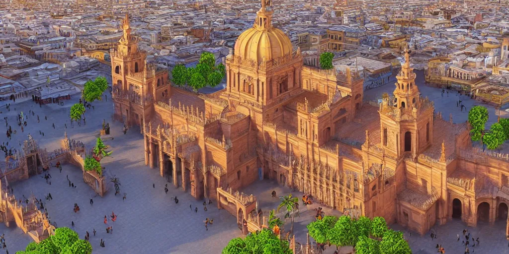 Prompt: ultra detailed and realistic painting of la plaza de espana ( seville ) inspired by very beautiful cute and colored disney movie backgrounds, rendered in 8 k unreal engine