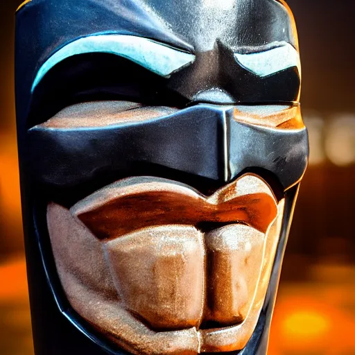 Prompt: a closeup photorealistic photograph of a batman style tiki mug sitting at a trader vic's beach bar featuring batman's face. tiki theme. tiki party. bright scene. fine detail. this 4 k hd image is trending on artstation, featured on behance, well - rendered, extra crisp, features intricate detail, epic composition and the style of unreal engine.