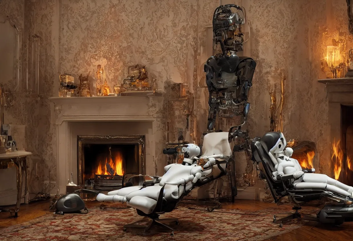 Image similar to Extreme close up photograph of a futuristic robot reclining on a aged recliner in front of a single beautiful fireplace in a traditional Victorian home, by Simon Stalenhag