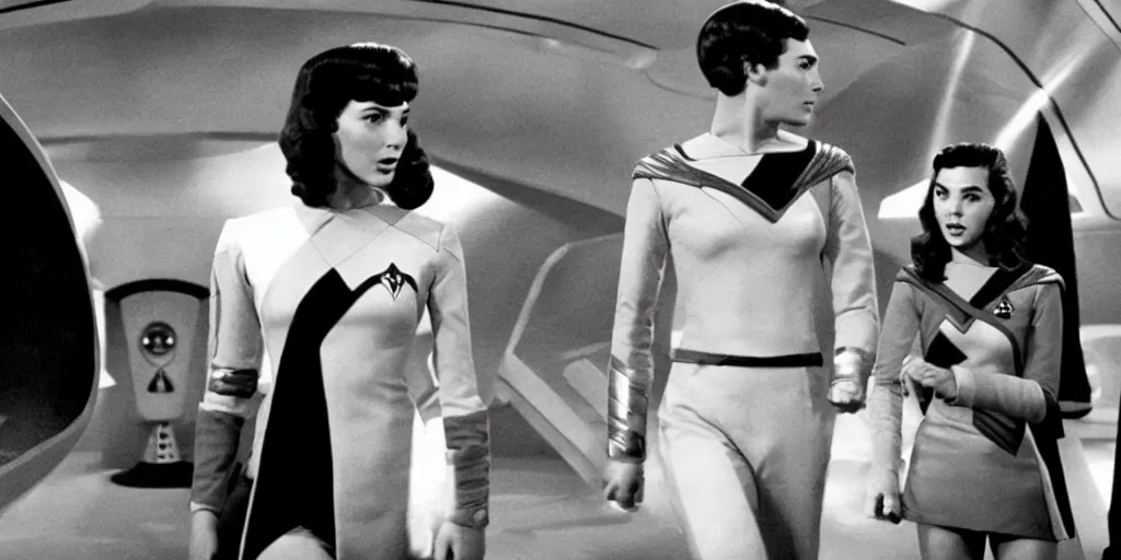 Image similar to a scene from Trouble with Tribbles, an episode of the original Star Trek series, with Gal Gadot, in Starfleet uniform, in the role of Captain Kirk