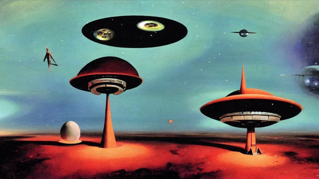 Image similar to flying saucer design by paul lehr and jack gaughan and john schoenherr, cinematic matte painting