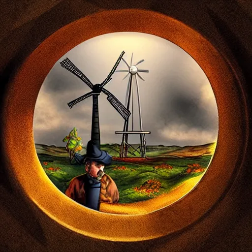 Image similar to discworld theme, linux, windmill, broken pipe, 3 d art, digital illustration, perfect lighting