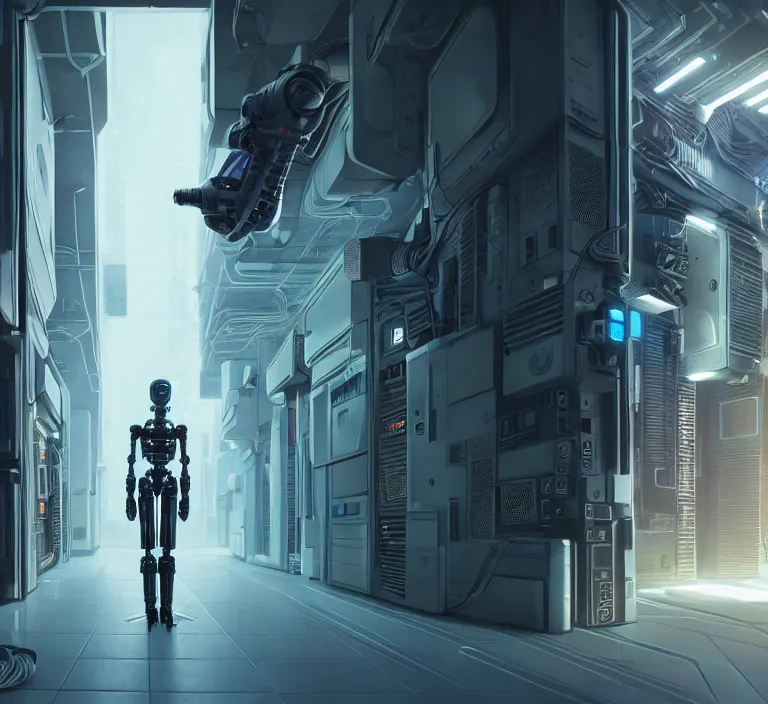 Image similar to hyperrealism stock photography of highly detailed stylish humanoid robot in sci - fi cyberpunk style by gragory crewdson and vincent di fate with many details by josan gonzalez working in the highly detailed data center by mike winkelmann and laurie greasley hyperrealism photo on dsmc 3 system rendered in blender and octane render