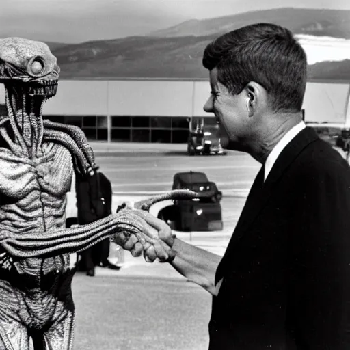 Image similar to archive footage still of John F Kennedy shaking hands with an alien in front of Area 51 at mid day