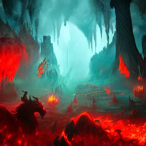 Prompt: chaotic underworld filled with mythical beasts, demons, fiery atmosphere, red background, concept art, volumetric lighting, detailed, cinematic