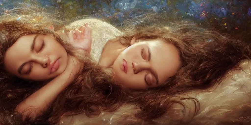 Image similar to Mila Kunis falling asleep, Lilia Alvarado, Sophie Anderson, Mark Arian, Bob Byerley, Charlie Bowater, Mark Brooks, Steve Henderson, Justin Gerard, Arthur Hughes, Edward Robert Hughes, Mark Keathley, Victor Nizovtsev, Carlos Shwabe, Ross Tran, WLOP