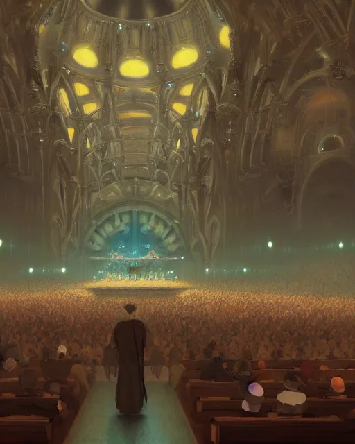 Prompt: ghibli and craig mullins digital matte art of a crowd in a futuristic church, priest, pews, ethereal, inviting, bright, unreal engine, hyper realism, realistic shading, cinematic composition, realistic render, octane render, detailed textures, photorealistic, wide shot