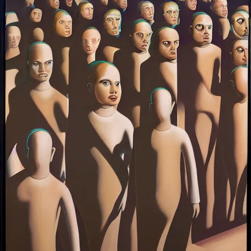 Image similar to a painting of a group of people standing in a line, a surrealist painting by george tooker, reddit, cynical realism, dystopian art, surrealist, academic art