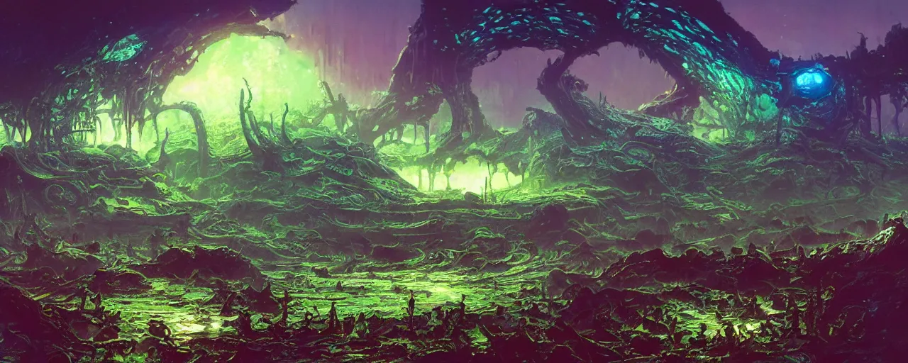 Prompt: ” slimy moist alien landscape, [ organic, liquid, disgusting, cinematic, detailed, epic, widescreen, opening, establishing, mattepainting, photorealistic, realistic textures, octane render, art by slop and paul lehr ] ”