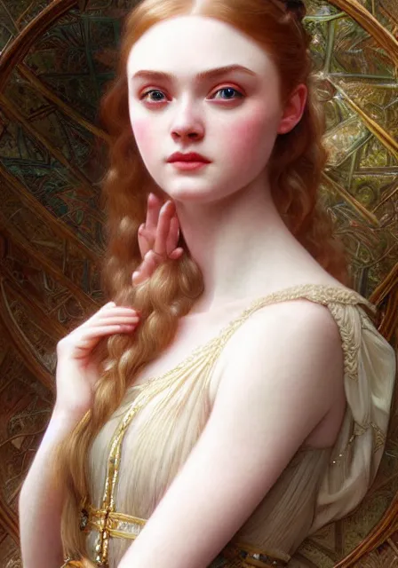 Image similar to sansa elle fanning, intricate, elegant, highly detailed, digital painting, artstation, concept art, smooth, sharp focus, illustration, art by artgerm and greg rutkowski and alphonse mucha and william - adolphe bouguereau