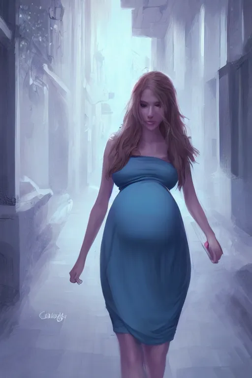 Prompt: pregnant woman in a small blue dress on night street, highly detailed, sharp focused, ultra realistic digital concept art by Charlie Bowater