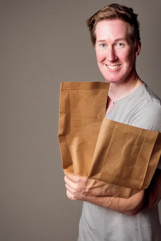 Prompt: Christian Porter smirking and holding a brown paper bag with a dollar sign on it, portrait photography