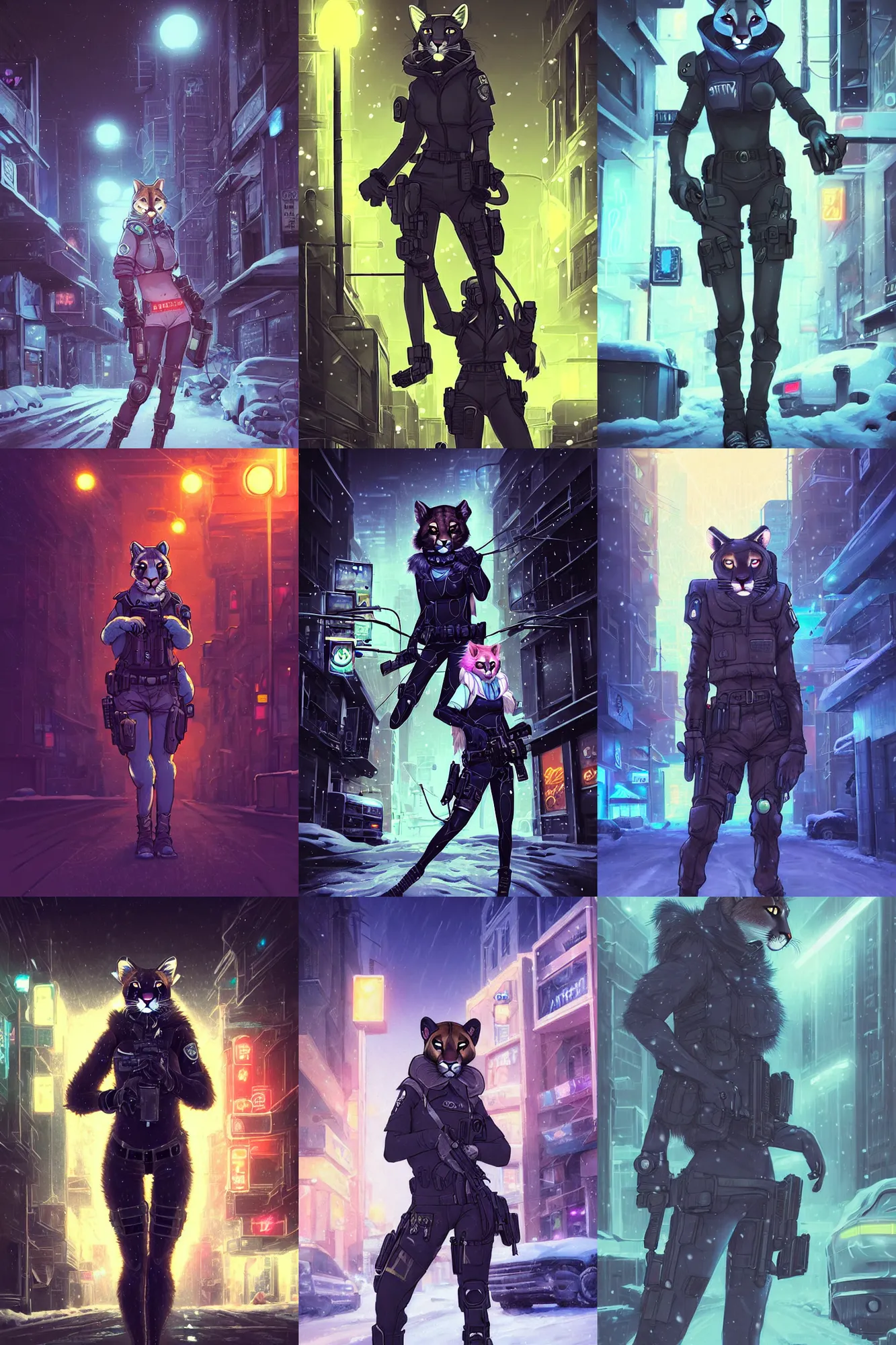 Prompt: beautiful furry art portrait commission of a female furry anthro mountain lion fursona wearing a tactical swat uniform in the streets of a cyberpunk city at night in the snow. neon light. character design by charlie bowater, ross tran, artgerm, and makoto shinkai, detailed, inked, western comic book art