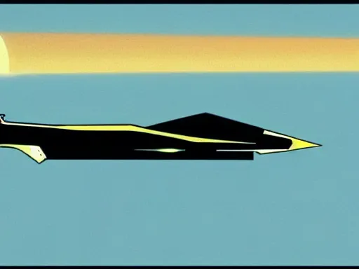 Image similar to a scifi illustration of a fururistic fighter jet. flat colors, limited palette in FANTASTIC PLANET La planète sauvage animation by René Laloux