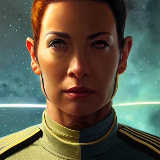 Image similar to UHD Photorealistic Felline-human hybrid Starfleet Officer wearing a spacesuit with hyperrealistic, correct details, cosmic dynamic lighting, symmetrical face, accurate face, in the style of art nouveau by Greg Rutkowski