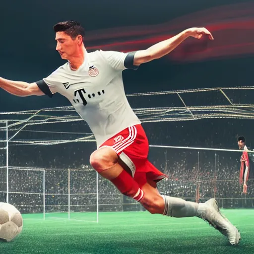 Image similar to Robert Lewandowski playing football at stage in galaxy, digital art, ultrarealistic, artstation, 8k, hyperdetalied, high quality, high render