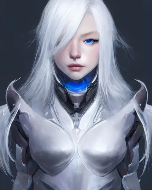 Prompt: perfect white haired girl, warframe armor, beautiful, dreamy, portrait, highly detailed, digital painting, trending on artstation, concept art, sharp focus, illustration, pretty face, blue eyes, scifi platform, front lit, laboratory, experiment, masterpiece, art by masayoshi tanaka, akihiko yoshida, kazuya takahashi