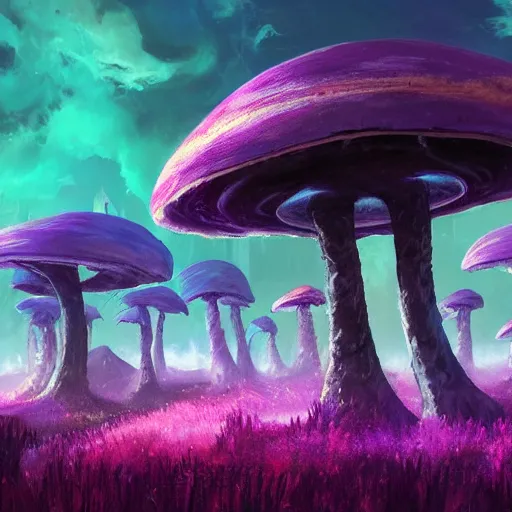 Image similar to concept art painting of a fantasy alien fungal landscape at night, magenta trees, glowing blue mushrooms, village of houses made of mushrooms, dark purple sky, realistic, detailed, cel shaded, in the style of makoto shinkai and greg rutkowski and albert bierstadt and james gurney