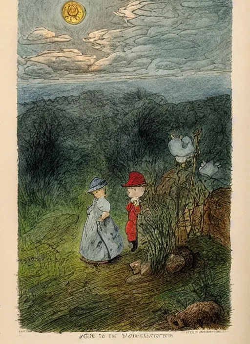 Prompt: transitioning from day to night, surrounded by light clouds, landscape, illustrated by peggy fortnum and beatrix potter and sir john tenniel