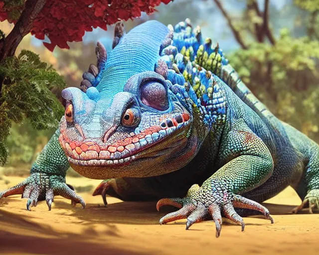 Image similar to of a very beautiful scene. ambient occlusion render. a sweet fat old woman is giving birth to a huge colorful lizard. hyper realistic. 4 k. wide angle. wild. symmetrical face, red mouth, blue eyes. deep focus, lovely scene. ambient occlusion render. concept art. unreal engine.