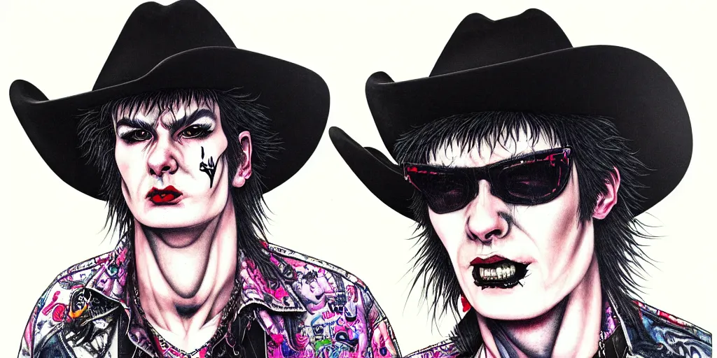 Prompt: full view of sid vicious, wearing a cowboy hat, style of yoshii chie and hikari shimoda and martine johanna, highly detailed