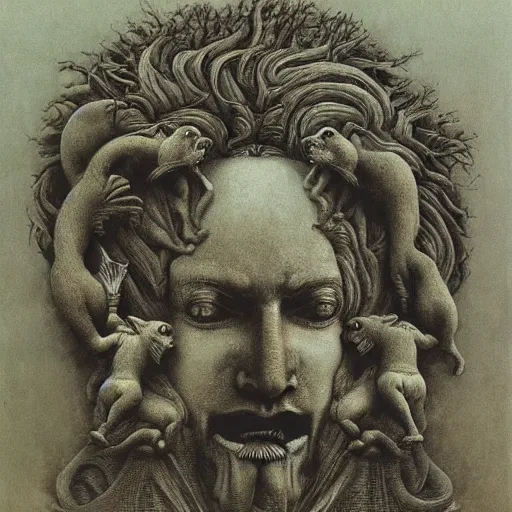 Image similar to cherub with four faces : man, lion, eagle, bull. drawn by zdzislaw beksinski