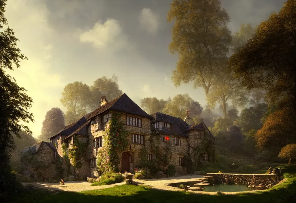 Image similar to a small tudor country house on a hillside with a gravel path and small fishpond, cinematic view, blue sky, detailed, concept art, high angle, high detail, warm lighting, volumetric, godrays, vivid, trending on artstation, by jordan grimmer, art greg rutkowski