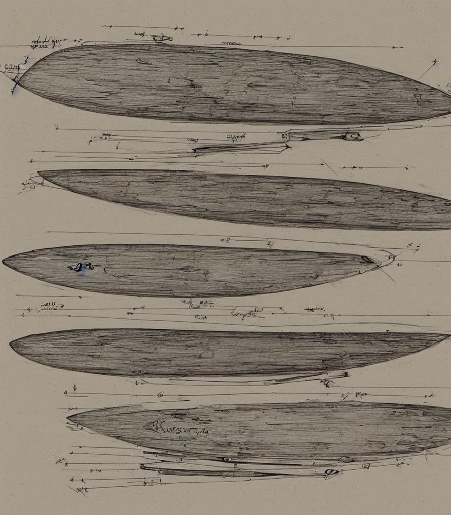 Image similar to blueprint sketch of a beautiful surfboard painted by leonardo da vinci, technical sketch, high detail, charocal drawing, firewire gofish