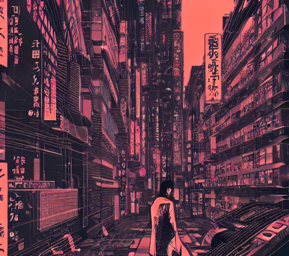 Image similar to futuristic japanese cyberpunk bladerunner silk screen by utagawa yoshiiku, ohara koson, pixiv contest winner, cyberpunk style, cyberpunk color scheme, mechanical, robotic, human machine interface, high resolution, hd