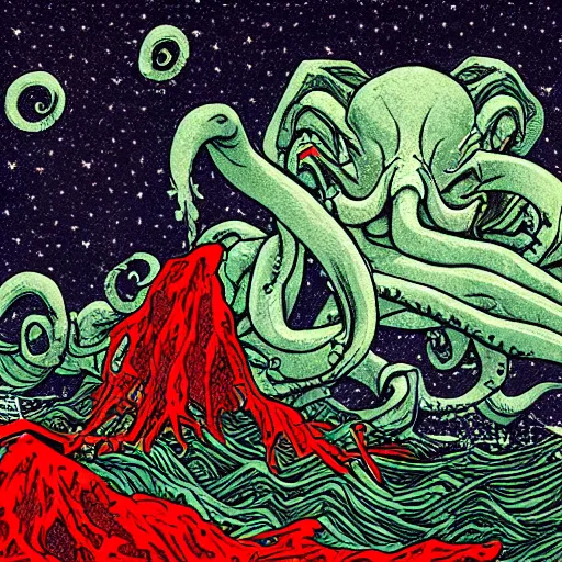 Prompt: Cthulhu, starry sky, Cthulhu Mythos, High detail, Ukiyoe, Comics, JamesJean, Caspar Friedrich, Zdzislaw Beksinsk