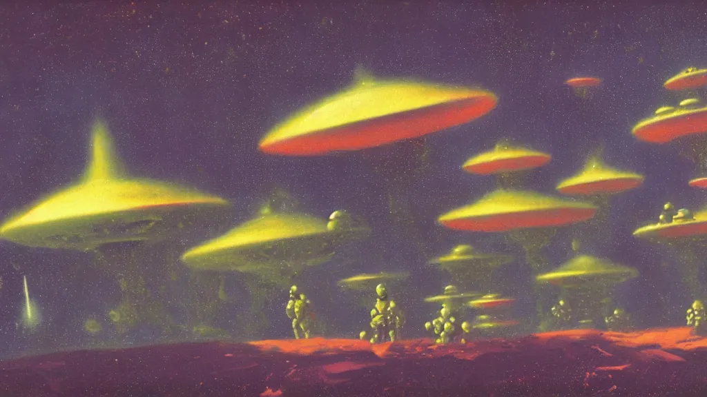 Image similar to flying saucer invaders by paul lehr and john schoenherr, cinematic matte painting