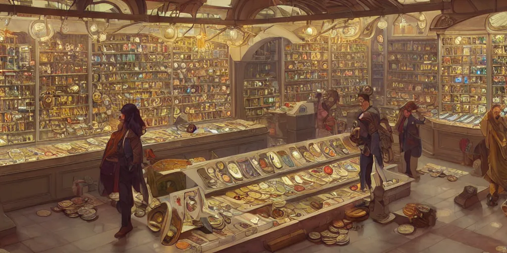 Image similar to modern coin shop with a lot of coins, 4 k, octane, digital painting, artstation, concept art, sharp focus, illustration, art by artgerm and greg rutkowski and alphonse mucha