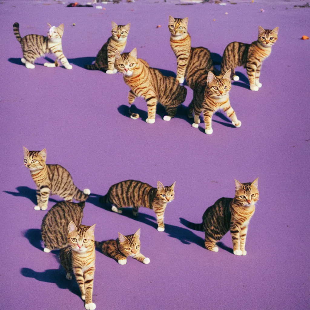 Prompt: cats on a purple beach, kodak gold 200,