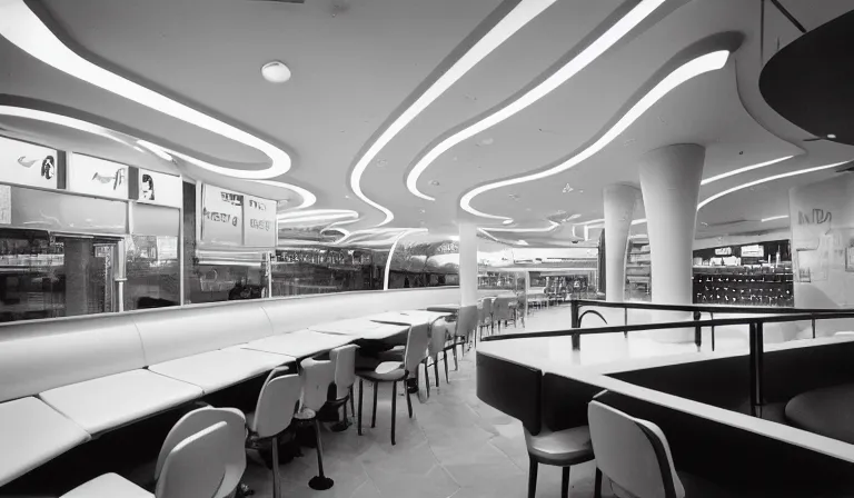 Prompt: The interior of a McDonalds designed by Zaha Hadid, 35mm film, long shot