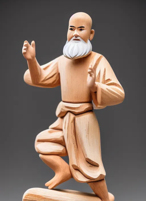 Prompt: still wooden figurine of monk wearing a white shorts, personification, dynamic pose, detailed product photo, 8 k, 8 5 mm, f. 1 4, beautiful composition