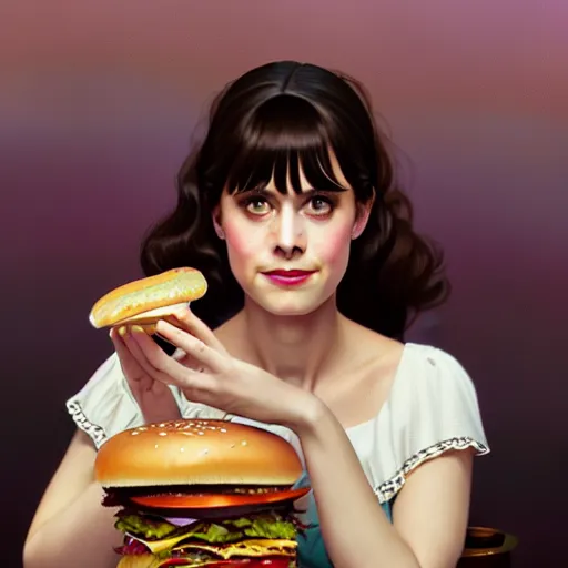 Image similar to portrait of Zooey Deschanel eating hamburgers, extra onions and ketchup, luscious patty with sesame seeds, feminine ethereal, handsome, D&D, fantasy, intricate, elegant, highly detailed, digital painting, artstation, concept art, matte, sharp focus, illustration, art by Artgerm and Greg Rutkowski and Alphonse Mucha