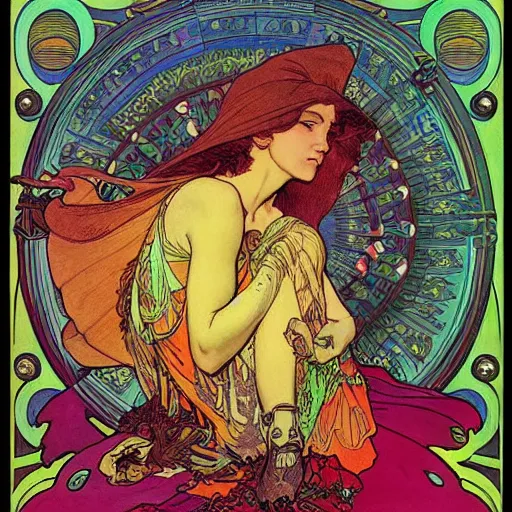 Prompt: “colorfull artwork by Franklin Booth and Alphonse Mucha and Moebius showing a portrait of Led Zepplin”