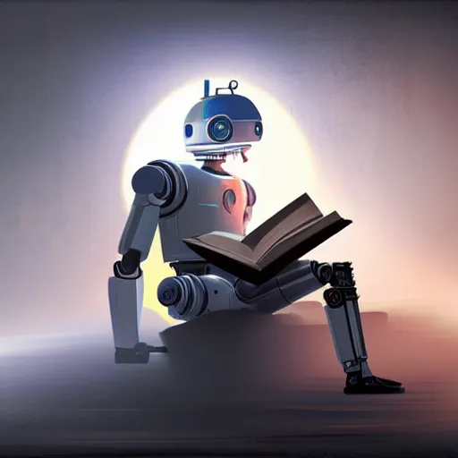 Image similar to digital painting of a droid robot reading a book, concept art, sunlight pouring through window, large scale, high detail, futuristic, godrays, volumetric lighting, warm lighting