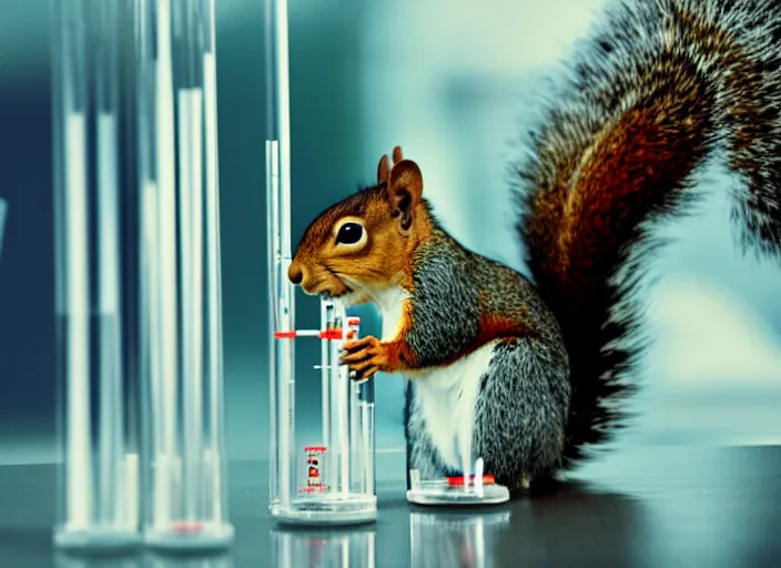 Image similar to film still of a squirrel working in a research lab filling test tubes, 8 k