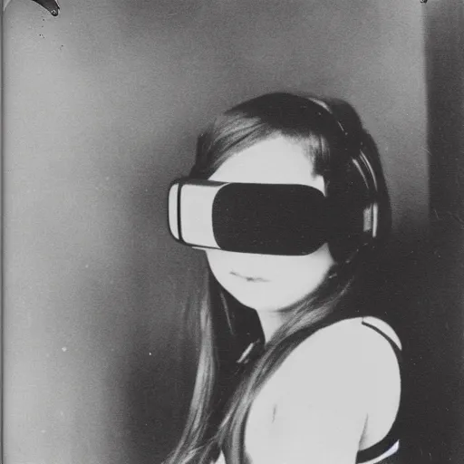 Prompt: an ancient demon-girl using a VR headset, mist , 1910 Polaroid photo, Black and white