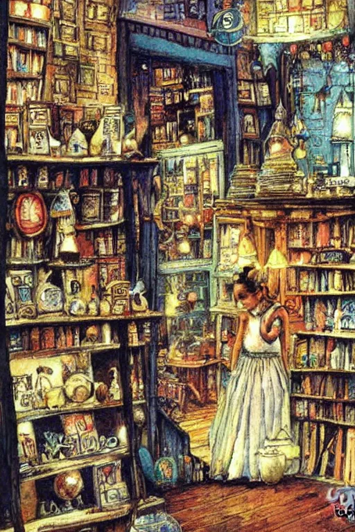 Prompt: a magic shop, by jerry pinkney