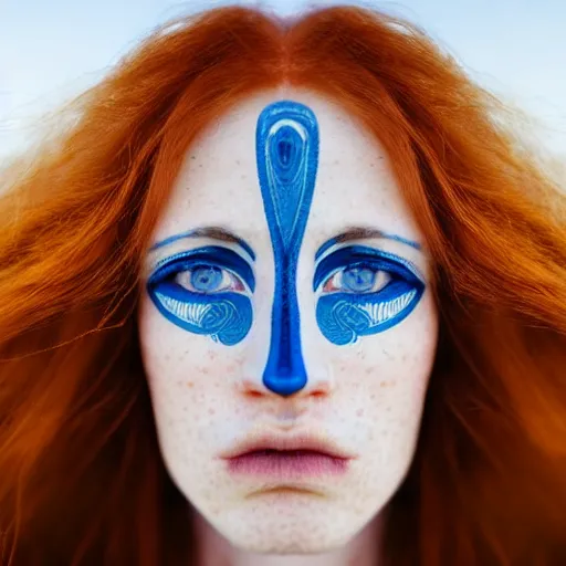 Image similar to close up half-face portrait photograph of a ginger woman with deep blue eyes. Wavy long hair. she looks directly at the camera. Slightly open mouth, face covers half of the frame, with a park visible in the background. 135mm nikon. Intricate. Very detailed 8k. Sharp. Cinematic post-processing. Award winning portrait photography