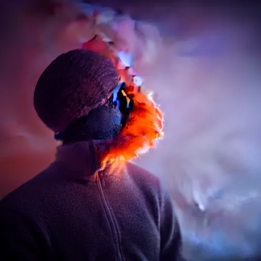 Prompt: side view of a man made of swirling smoke and tendrils of fog leaning against a wall, twilight colors, cinematic