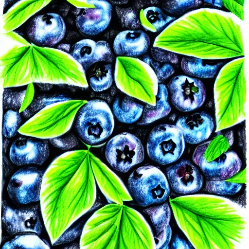 Image similar to drawing of closeup of leafy blueberry bush in a nordic forest. Digital art. 4K. Artistic. Detailed drawing. Trending on artstation.