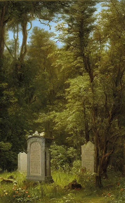 Image similar to artwork painting of a lush environment, a cemetery headstone by eugene von guerard, ivan shishkin